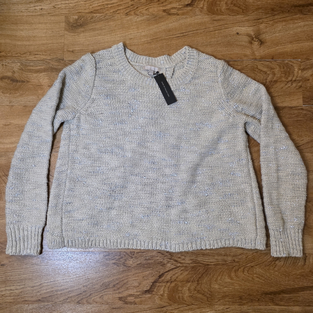 NWT Banana Republic Italian Yarn Beige & Silver Metallic Split Back Sweater